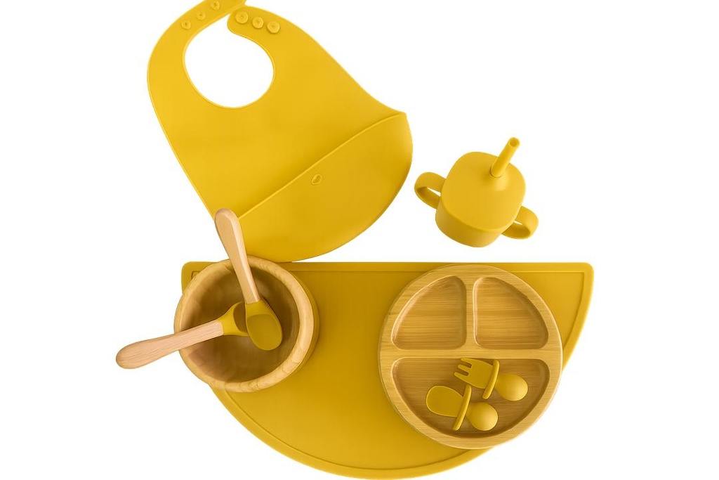 Maxi-set : ensemble antidérapant en silicone pour bébé : tasse, bavoir, cuillère, bol, assiette