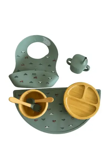 Maxi-set : ensemble antidérapant en silicone pour bébé : tasse, bavoir, cuillère, bol, assiette
